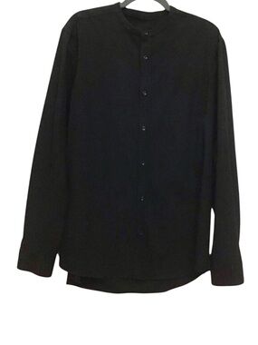 THE Melange black men’s long sleeves button down shirt mandarin collar L…
